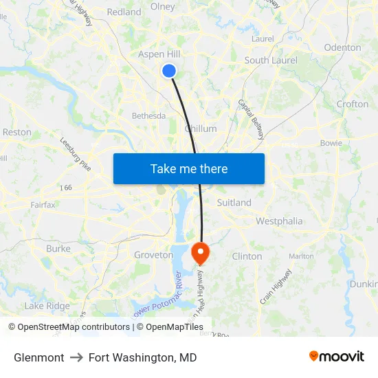 Glenmont to Fort Washington, MD map