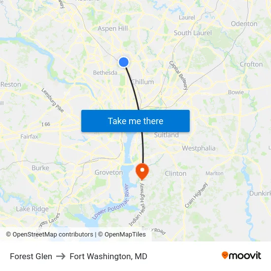 Forest Glen to Fort Washington, MD map