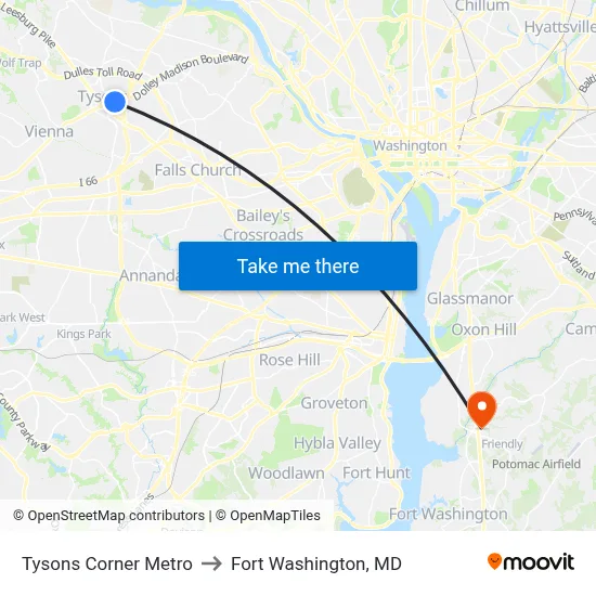 Tysons Corner Metro to Fort Washington, MD map