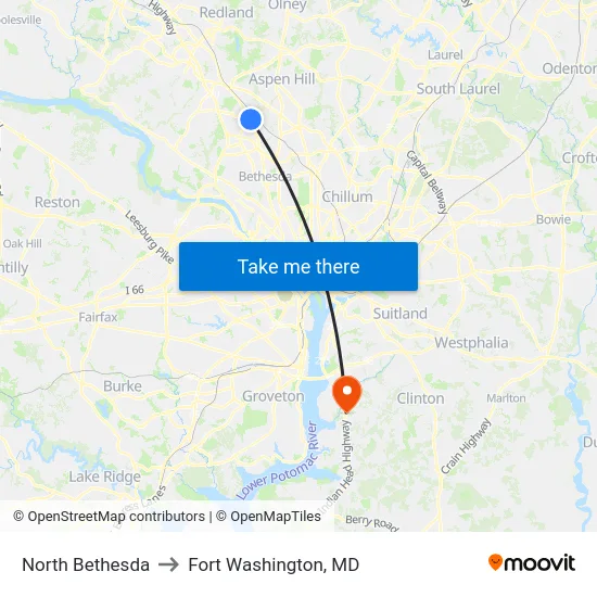 North Bethesda to Fort Washington, MD map