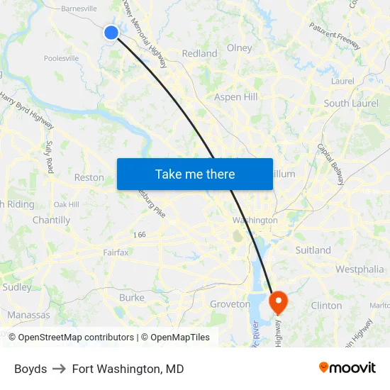 Boyds to Fort Washington, MD map