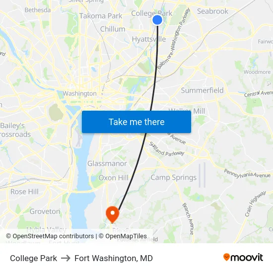 College Park to Fort Washington, MD map