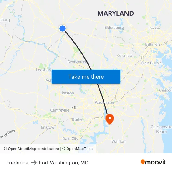Frederick to Fort Washington, MD map