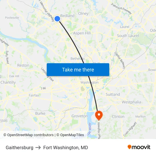 Gaithersburg to Fort Washington, MD map
