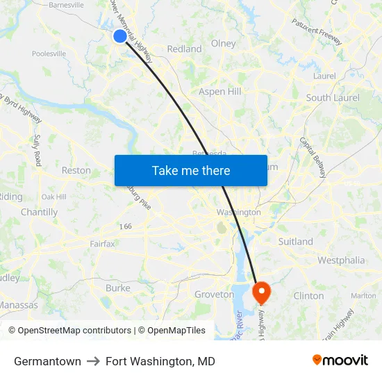 Germantown to Fort Washington, MD map