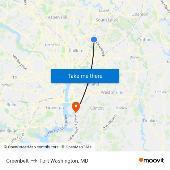 Greenbelt to Fort Washington, MD map