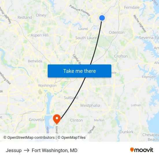 Jessup to Fort Washington, MD map