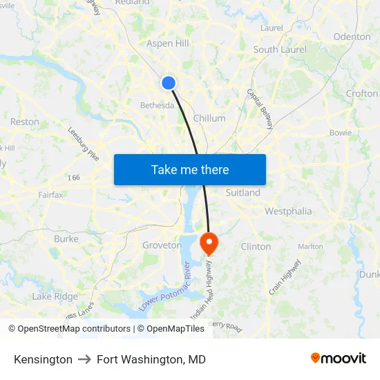 Kensington to Fort Washington, MD map