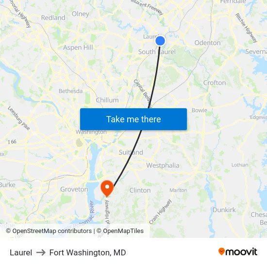 Laurel to Fort Washington, MD map