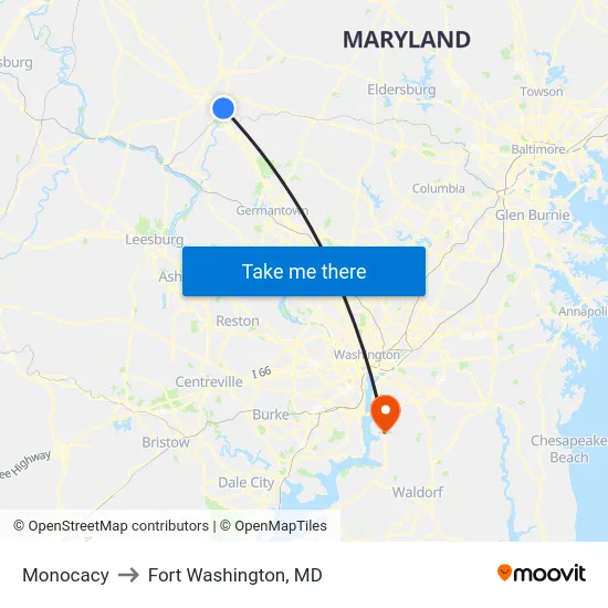 Monocacy to Fort Washington, MD map