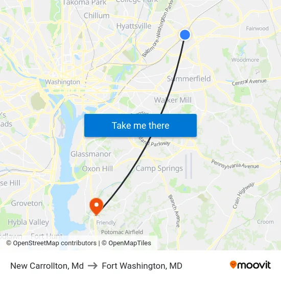 New Carrollton, Md to Fort Washington, MD map