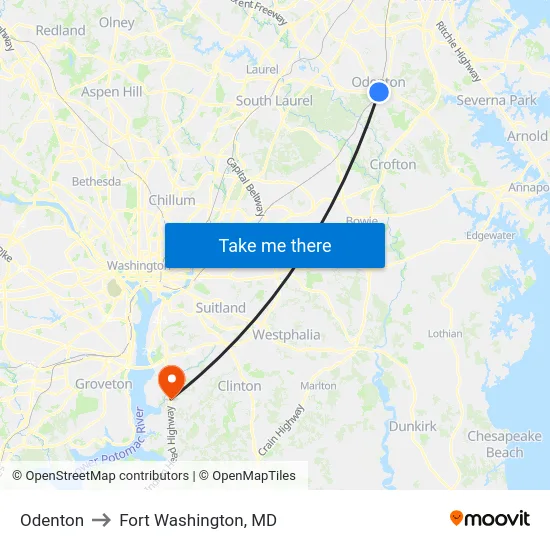 Odenton to Fort Washington, MD map