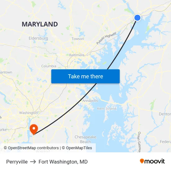 Perryville to Fort Washington, MD map