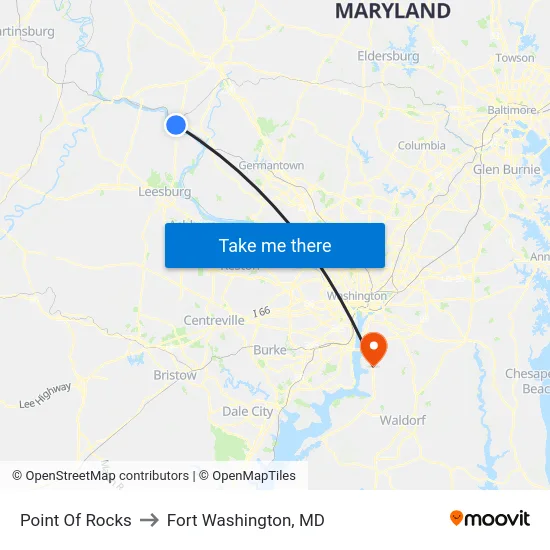 Point Of Rocks to Fort Washington, MD map