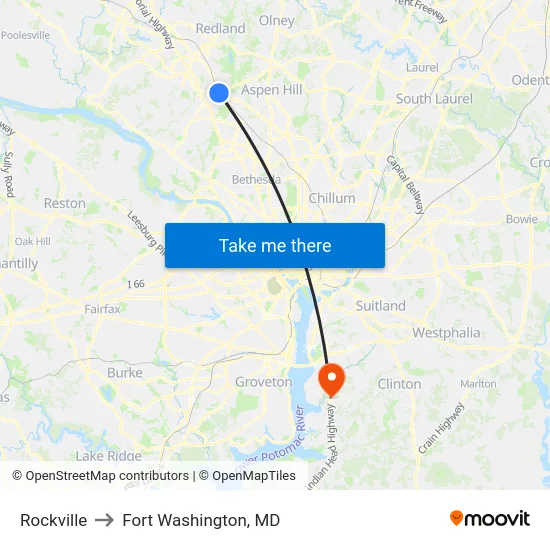 Rockville to Fort Washington, MD map