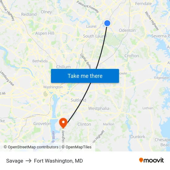 Savage to Fort Washington, MD map