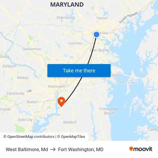 West Baltimore, Md to Fort Washington, MD map