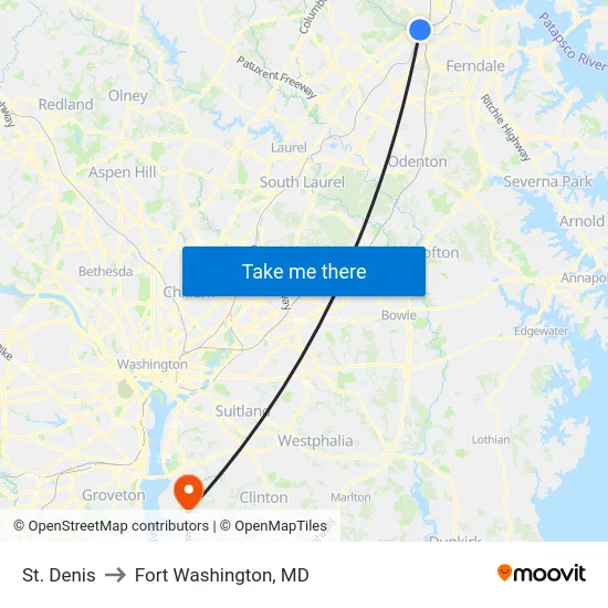 St. Denis to Fort Washington, MD map