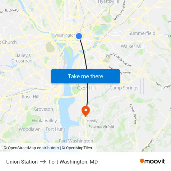 Union Station to Fort Washington, MD map