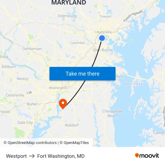 Westport to Fort Washington, MD map