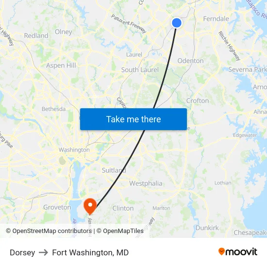Dorsey to Fort Washington, MD map