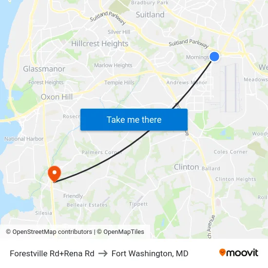 Forestville Rd+Rena Rd to Fort Washington, MD map