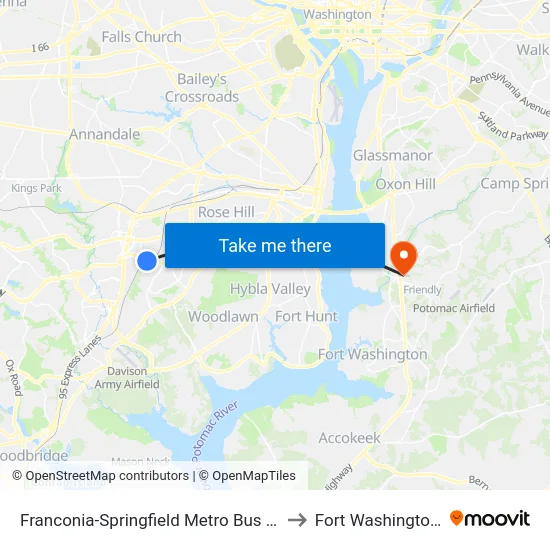 Franconia-Springfield Metro Bus Route 301 to Fort Washington, MD map