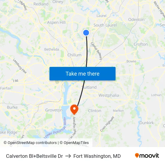Calverton Bl+Beltsville Dr to Fort Washington, MD map