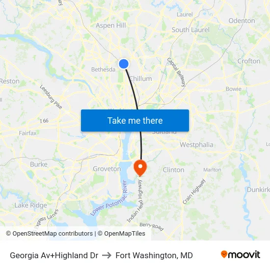 Georgia Av+Highland Dr to Fort Washington, MD map