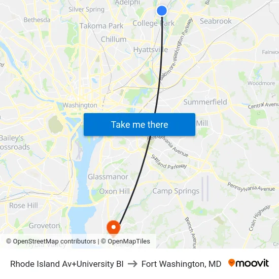 Rhode Island Av+University Bl to Fort Washington, MD map