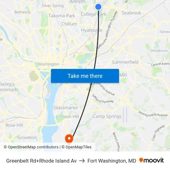 Greenbelt Rd+Rhode Island Av to Fort Washington, MD map