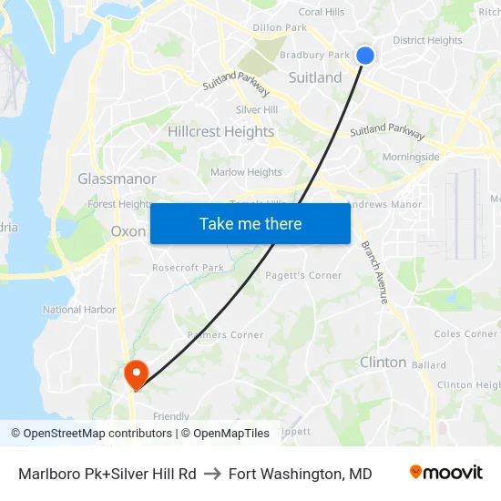 Marlboro Pk+Silver Hill Rd to Fort Washington, MD map