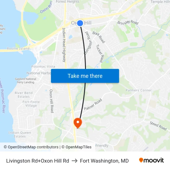 Livingston Rd+Oxon Hill Rd to Fort Washington, MD map