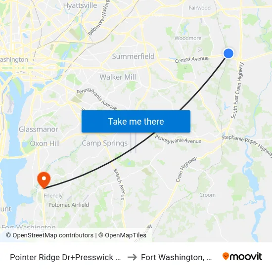 Pointer Ridge Dr+Presswick Ln to Fort Washington, MD map