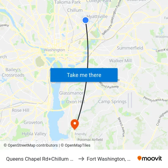 Queens Chapel Rd+Chillum Rd to Fort Washington, MD map