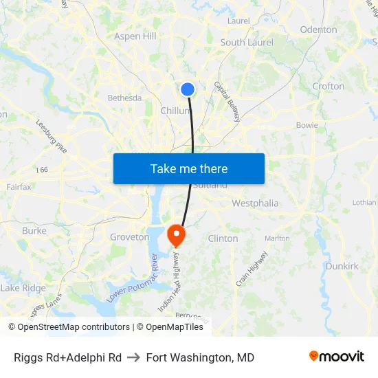 Riggs Rd+Adelphi Rd to Fort Washington, MD map