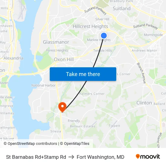 St Barnabas Rd+Stamp Rd to Fort Washington, MD map
