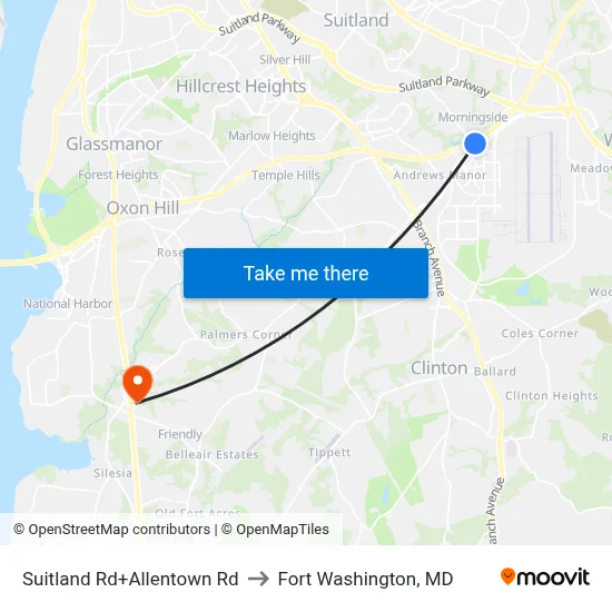 Suitland Rd+Allentown Rd to Fort Washington, MD map