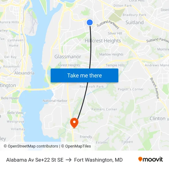 Alabama Av Se+22 St SE to Fort Washington, MD map