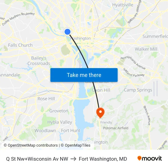 Q St Nw+Wisconsin Av NW to Fort Washington, MD map