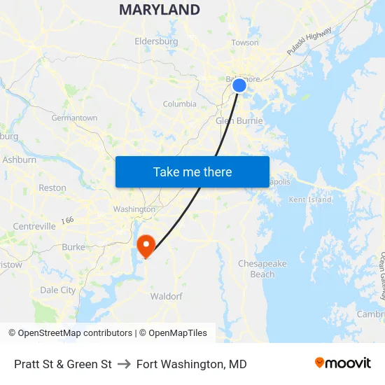 Pratt St & Green St to Fort Washington, MD map