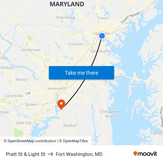 Pratt St & Light St to Fort Washington, MD map