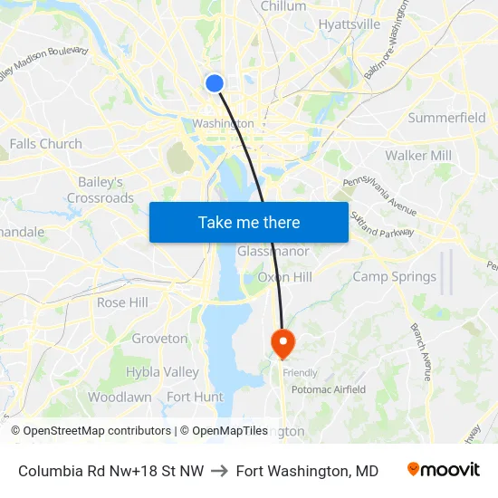 Columbia Rd Nw+18 St NW to Fort Washington, MD map