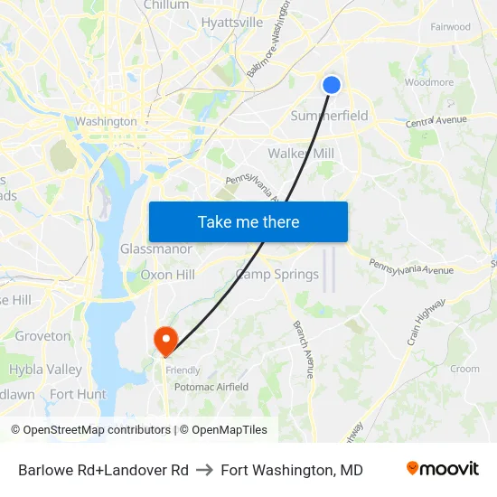 Barlowe Rd+Landover Rd to Fort Washington, MD map