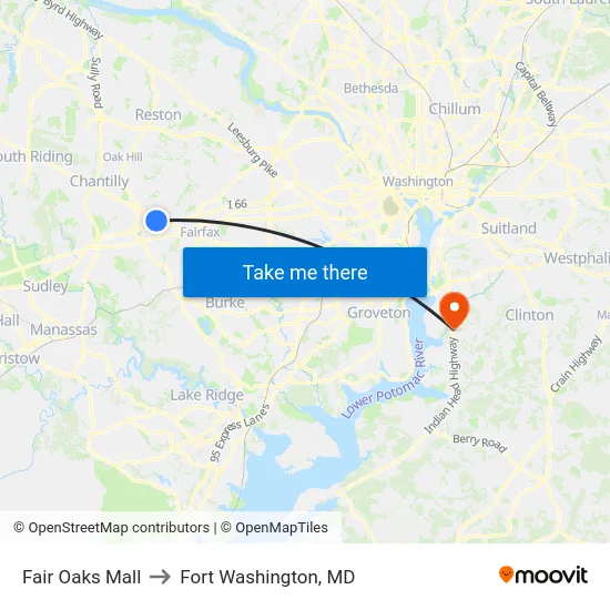 Fair Oaks Mall to Fort Washington, MD map
