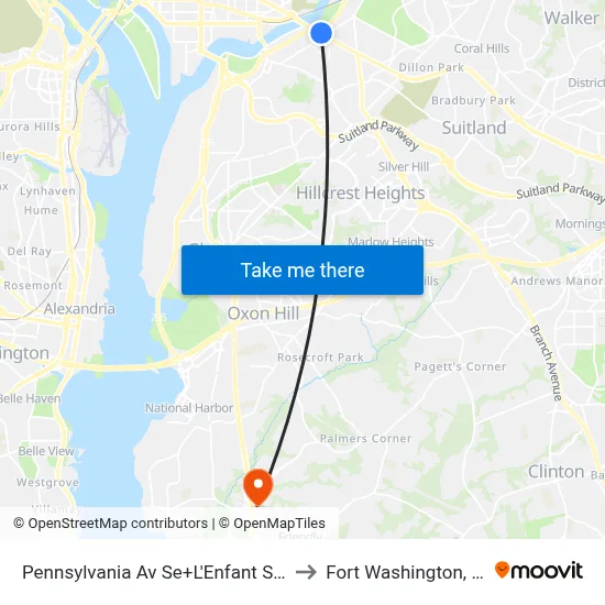 Pennsylvania Av Se+L'Enfant Sq SE to Fort Washington, MD map