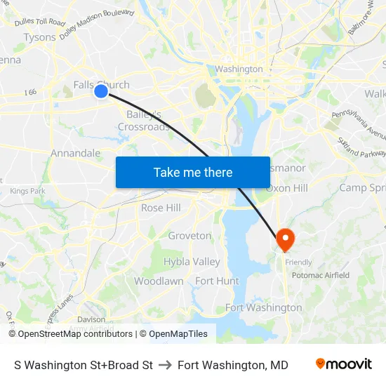 S Washington St+Broad St to Fort Washington, MD map