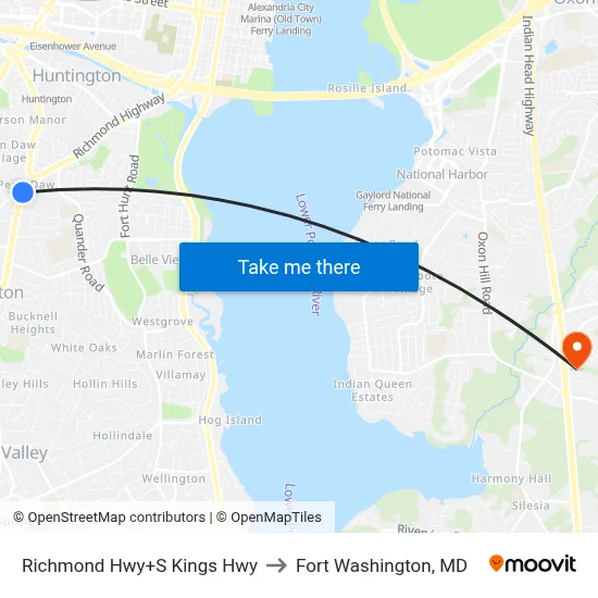 Richmond Hwy+S Kings Hwy to Fort Washington, MD map