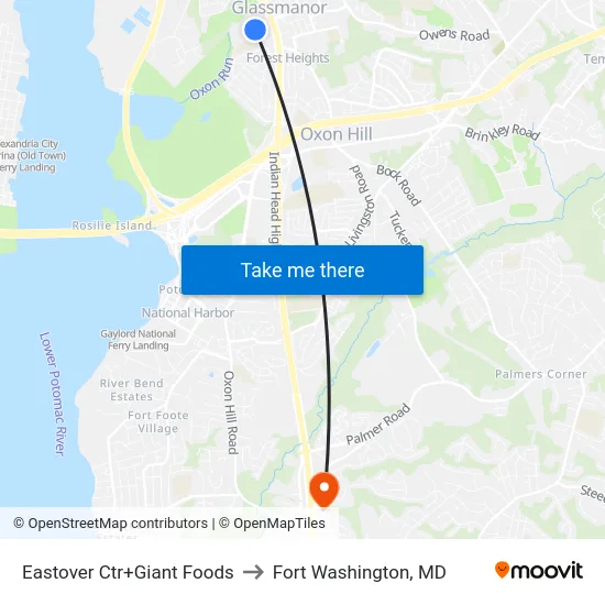 Eastover Ctr+Giant Foods to Fort Washington, MD map