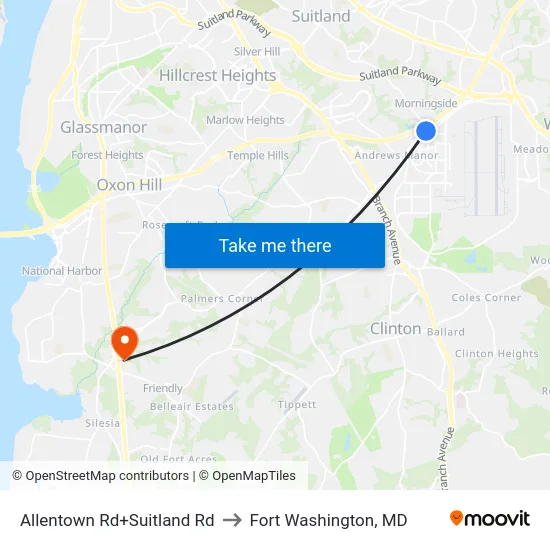 Allentown Rd+Suitland Rd to Fort Washington, MD map